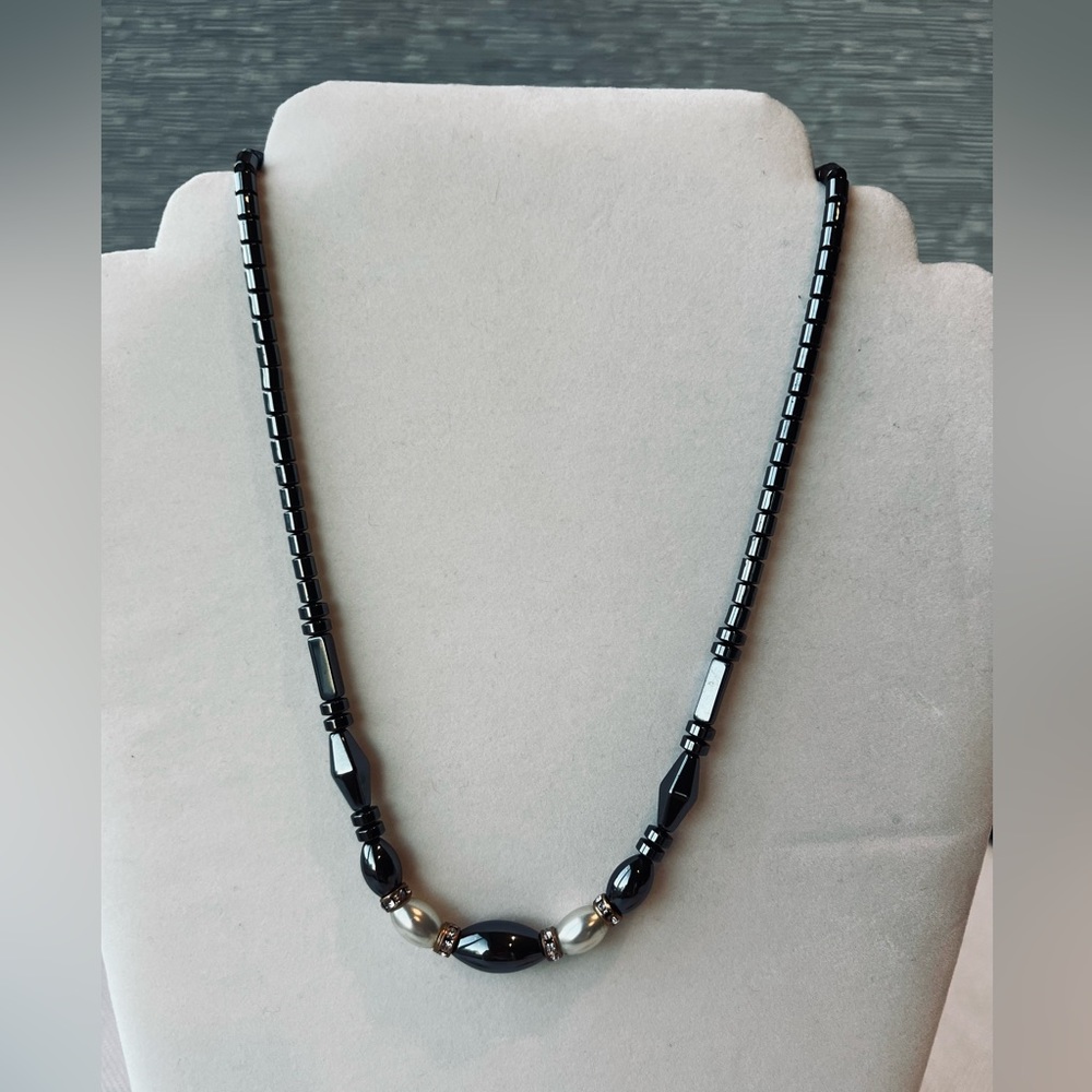 Hematite Necklace with Pearls and Brass Crystal beads